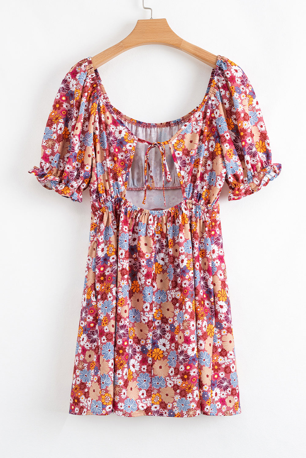 Red Floral Puff Sleeve Square Neck Knot Open Back Mini Dress