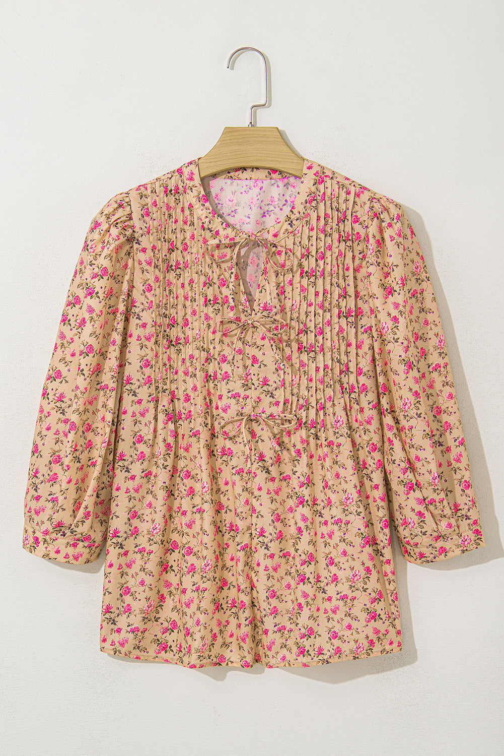 Light French Beige Floral Print Bow Pintuck Bust Half Puff Sleeve Blouse Top