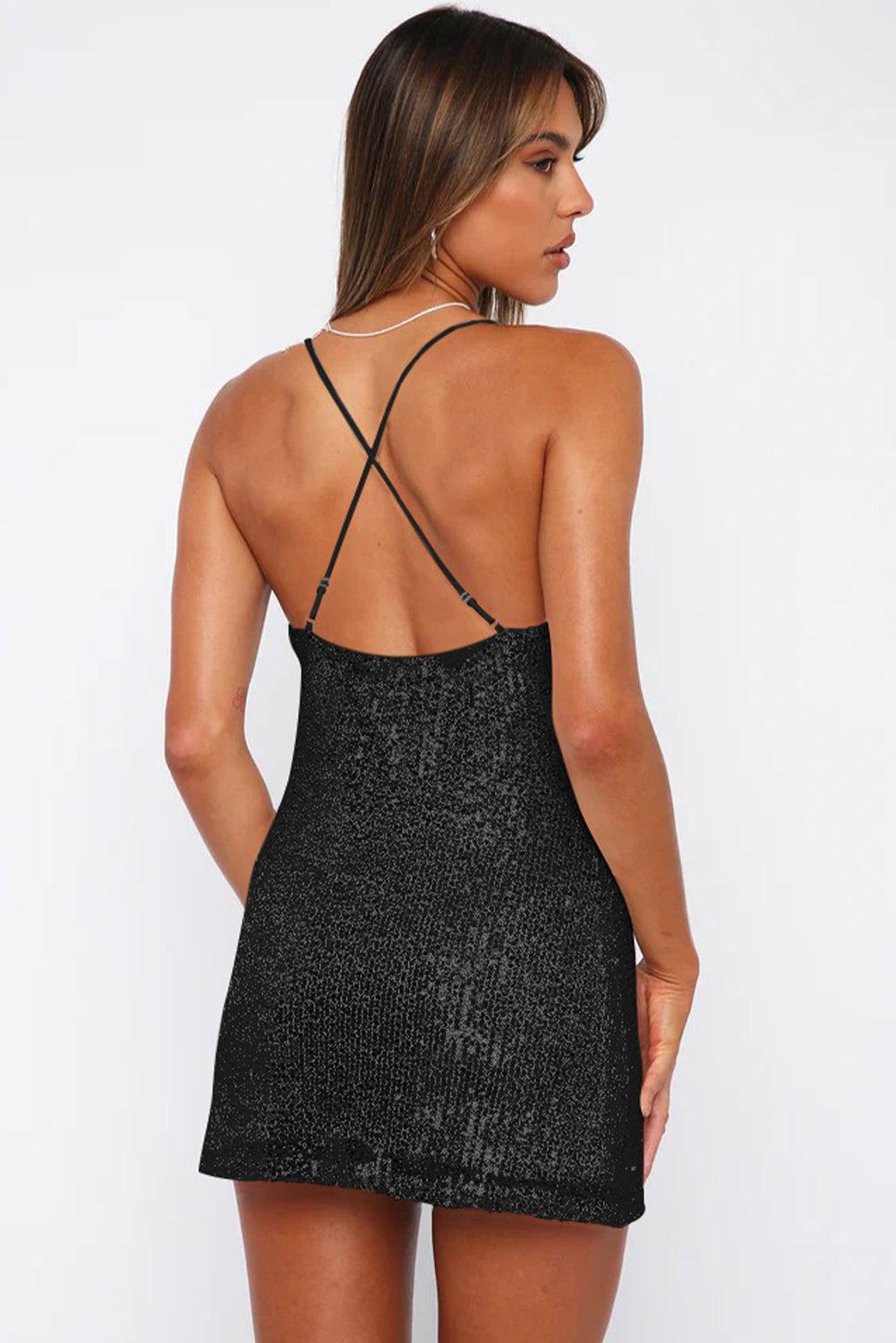 Black Spaghetti Straps Cross Back Sequin Mini Dress