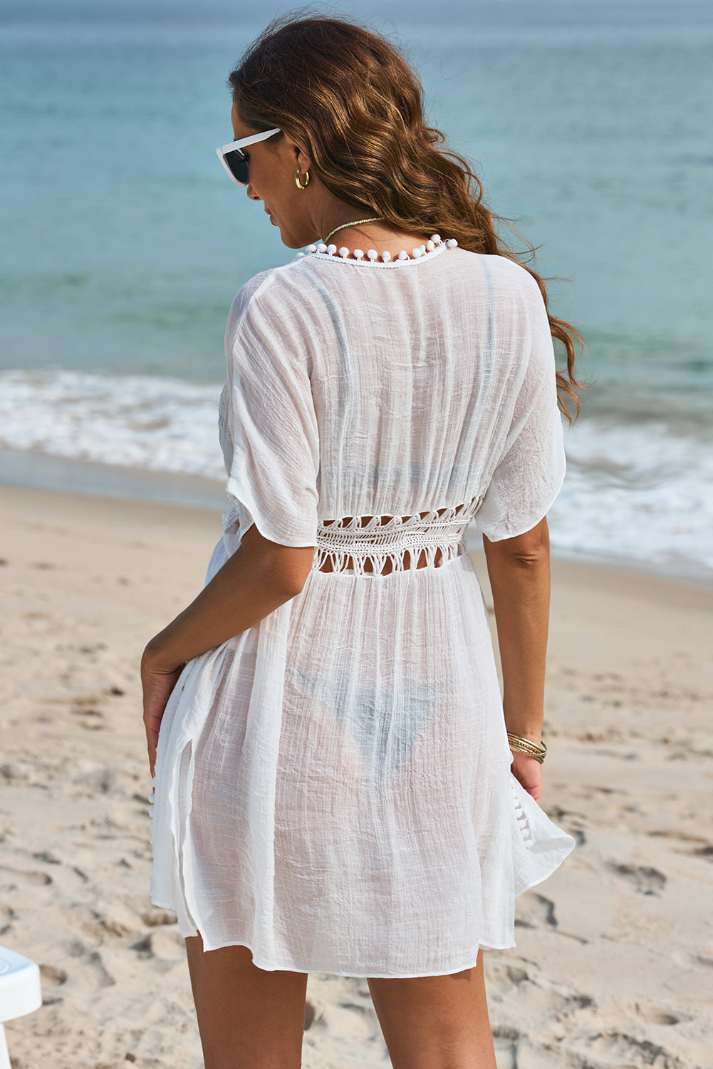 White Pom Pom Trim Drawstring Crochet Waist Beach Kimono