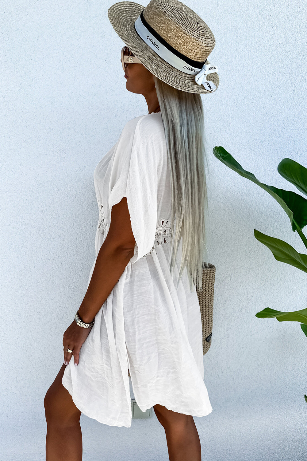 White Pom Pom Trim Drawstring Crochet Waist Beach Kimono