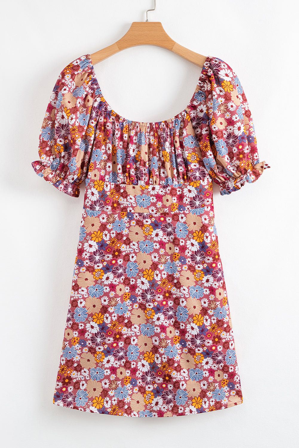 Red Floral Puff Sleeve Square Neck Knot Open Back Mini Dress